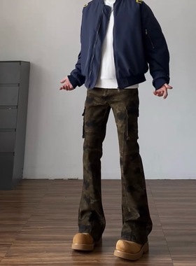 qtstudio美式微喇迷彩工装裤男女复古高街弹力修身vibe牛仔裤子