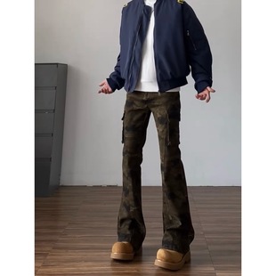 vibe牛仔裤 qtstudio美式 男女复古高街弹力修身 裤 子 微喇迷彩工装