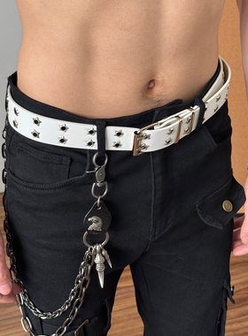 铆钉白色腰带男cleanfit美式高街潮流学生配饰复古牛仔裤皮带裤带