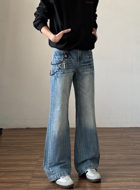 美式蓝色闪电纹微喇牛仔裤男直筒修身长裤cleanfit水洗裤子女秋冬