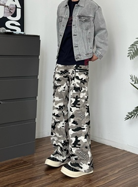 白色微喇雪地迷彩裤男潮美式高街直筒宽松加长版工装裤子长裤秋季