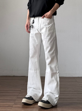 高级感花纹刺绣白色微喇牛仔裤男2025新款美式直筒修身裤子女秋冬