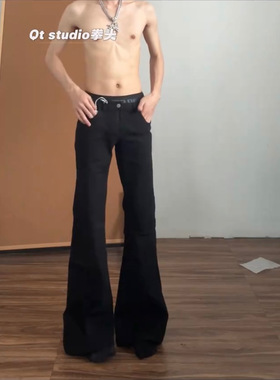 巴黎黑牛cleanfit低腰微喇牛仔裤男美式高街黑色直筒喇叭裤子长裤