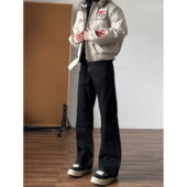 男宽松高街直筒cleanfit裤 美式 赤耳原牛加绒加厚黑色微喇牛仔裤 子