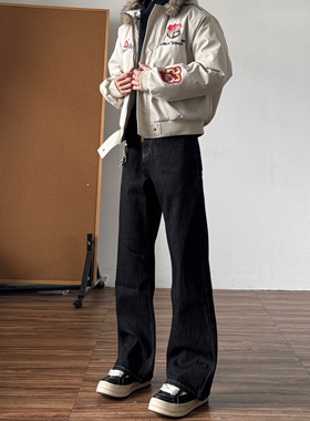 美式赤耳原牛加绒加厚黑色微喇牛仔裤男宽松高街直筒cleanfit裤子