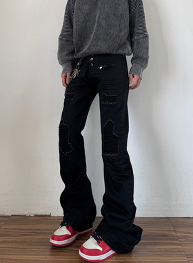 黑色弯刀微喇牛仔裤男视觉系设计感小众美式高街vibe喇叭裤子女