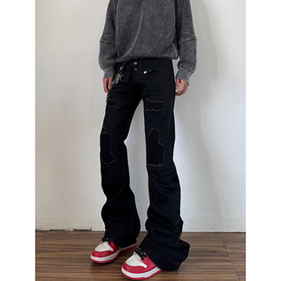 子女 高街vibe喇叭裤 黑色弯刀微喇牛仔裤 男视觉系设计感小众美式