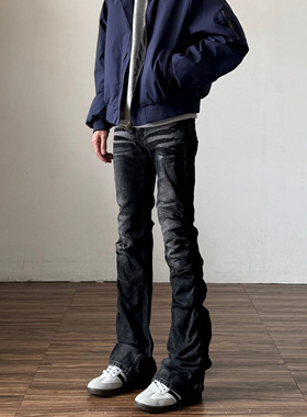 美式高街黑色褶皱微喇牛仔裤男视觉系水洗弹力直筒修身裤子女秋冬