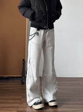 美式复古白色泼墨微喇牛仔裤男宽松直筒长裤cleanfit高街裤子秋冬