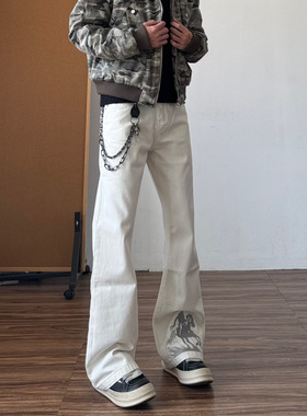 美式复古刺绣白色微喇牛仔裤男2025新款高街直筒修身显瘦裤子秋冬