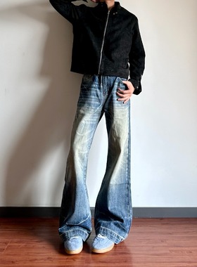 美式水洗蓝色裂纹微喇牛仔裤男宽松阔腿直筒cleanfit加厚裤子秋季