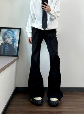 手工分割解构修身微喇西裤男美式高街设计感直筒黑色显瘦喇叭裤子