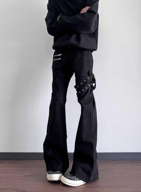 qtstudio黑色绑带微喇牛仔裤男美式高街vibe 显瘦修身设计感裤子