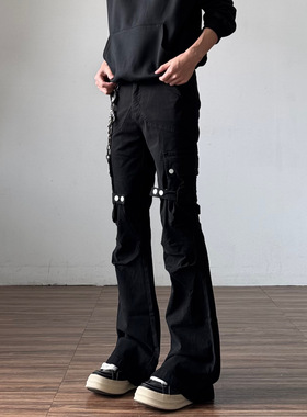 美式高街黑色褶皱vibe微喇牛仔裤男cleanfit修身喇叭工装裤子秋冬