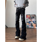 男亚比工装 裤 美式 qtstudio视觉系黑色微喇皮裤 高街vibe亚文化裤 子