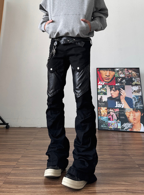 qtstudio视觉系黑色微喇皮裤男亚比工装裤美式高街vibe亚文化裤子