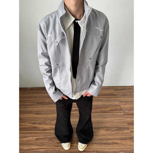 美式灰色刺绣立领工装夹克男