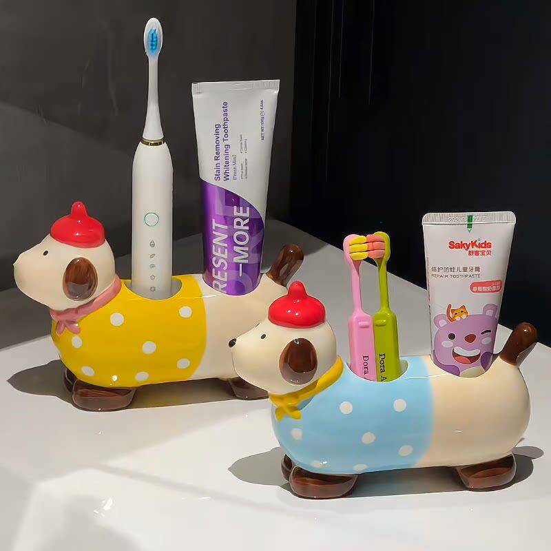 可爱腊肠狗电动牙刷架卫生间浴室台面收纳置物架漱口杯摆台式沥水