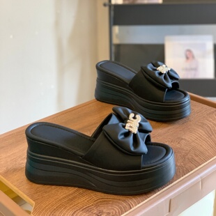 百搭外穿小个子7CM显腿长一脚蹬坡跟鞋 新款 女2026夏季 蝴蝶结拖鞋