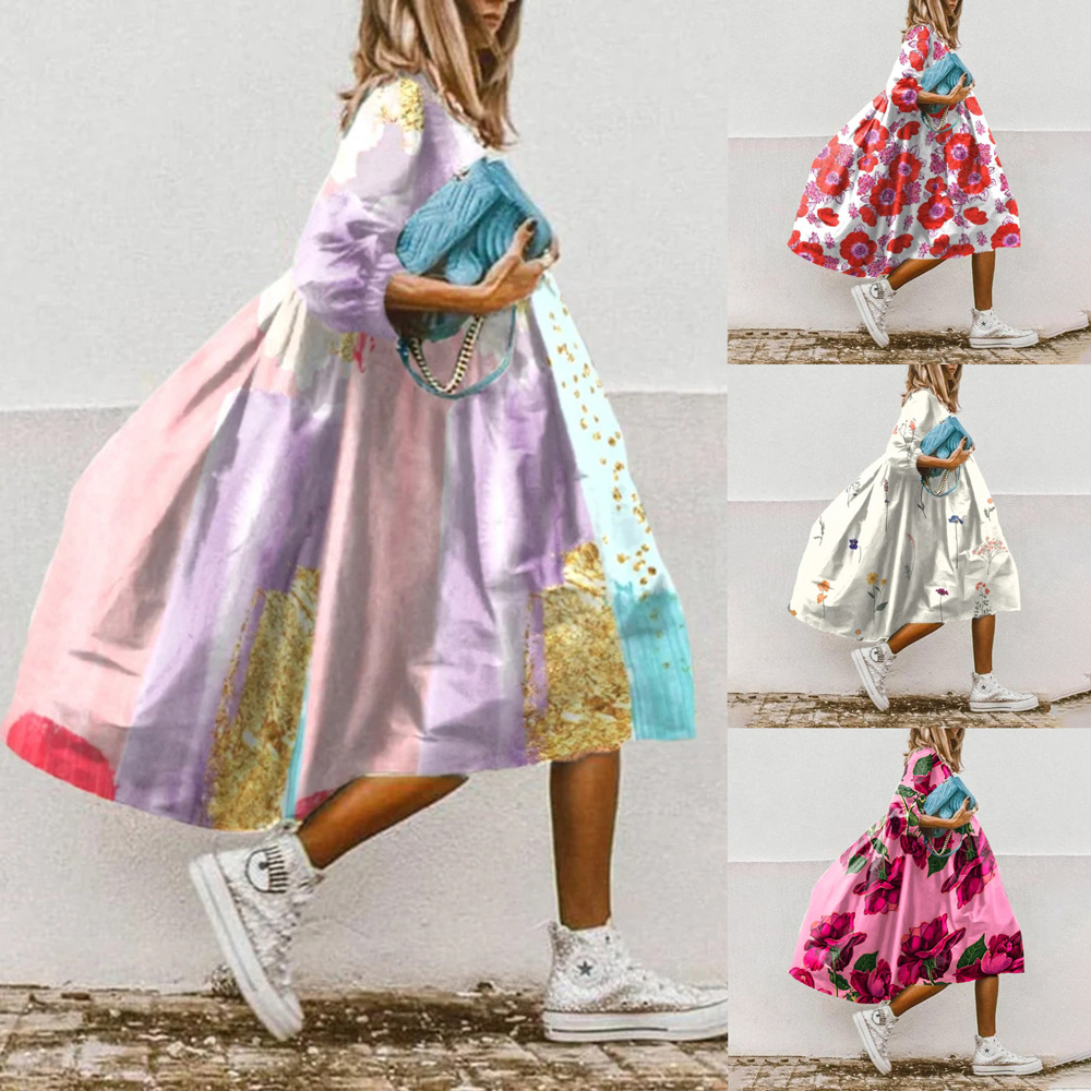 欧美跨境女装新款 亚马逊速卖通潮流花卉定位印花中袖连衣裙现货