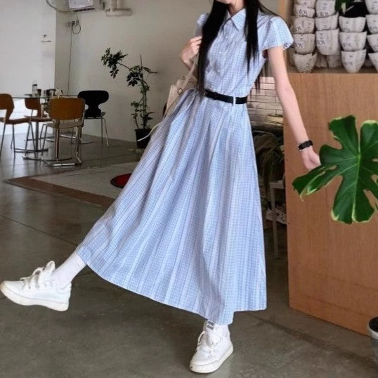 法式蓝色条纹衬衫连衣裙子女装2025夏季新款收腰显瘦气质a字长裙