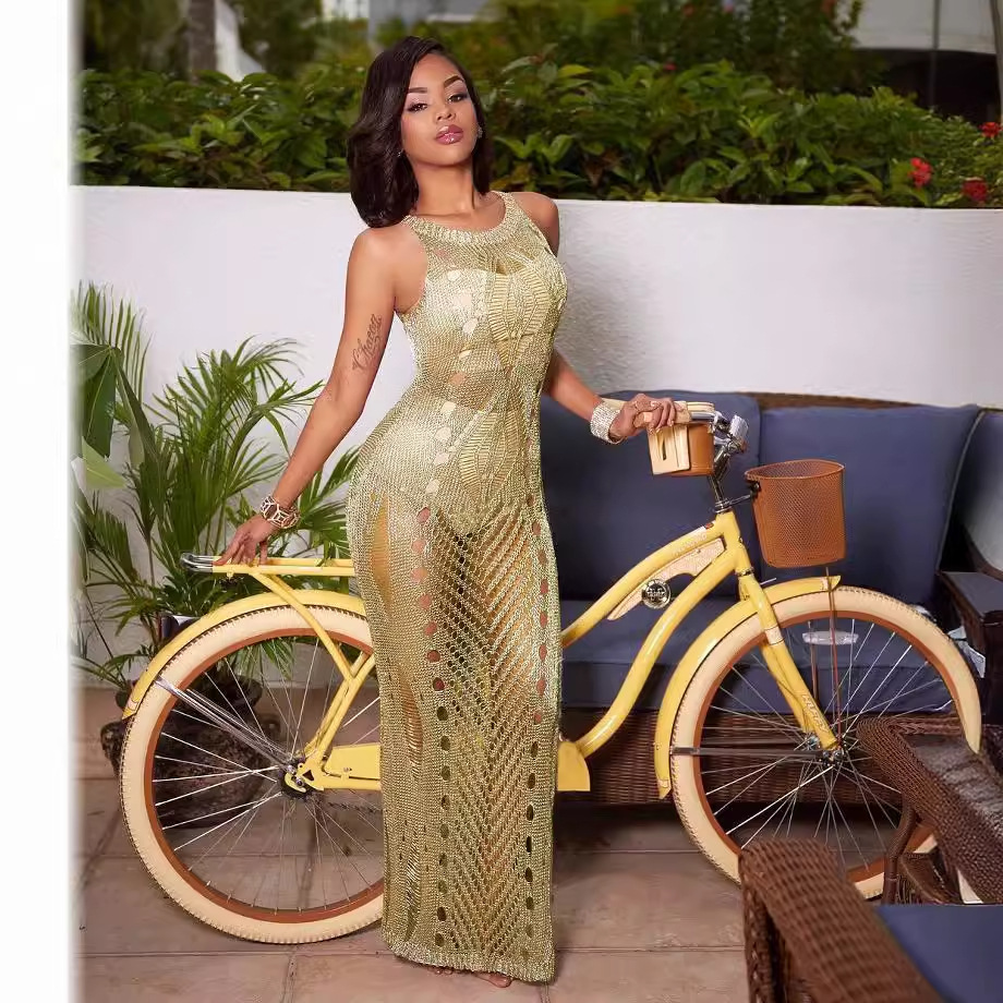 2017新款外贸高工艺性感女装镂空裙 亚马逊沙滩连衣裙 欧美