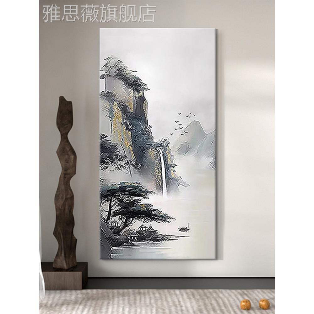 网红新中式迎客纯手绘油玄关装饰画松客厅抽象山水肌风景禅意理画