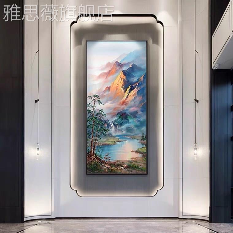 网红纯新手绘油画中式走山水风景玄关山廊日挂画照金聚宝盆客厅装