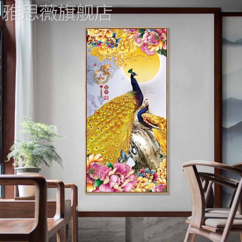 网红孔雀挂户画牡丹花开装富贵客开厅饰画新中入玄关式画孔雀屏壁