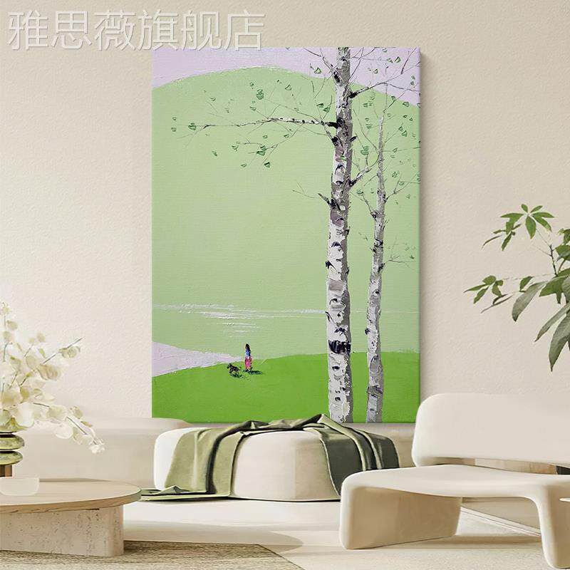 网红抽象风景厅纯手绘芬村油画大白桦树装肌饰挂画绿色玄关丙客烯