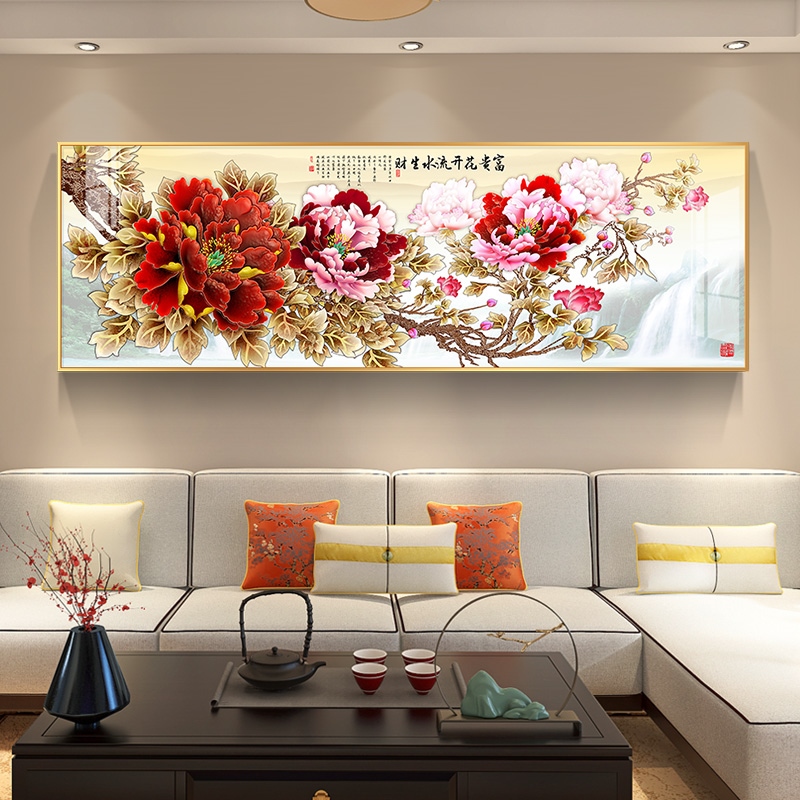 网红新中式牡丹花装饰画花开富贵客厅挂画中国风国画主卧床头背景图片