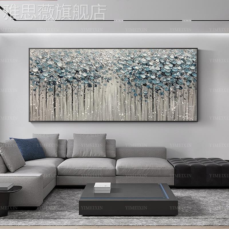 网红纯手绘画油中现新代新轻奢客厅沙发背景装饰画大幅墙树林雪景图片