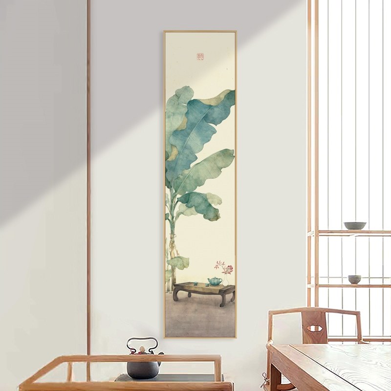 网红过道走廊新中式玄关装饰画客厅入户竖版挂画芭蕉叶工笔画