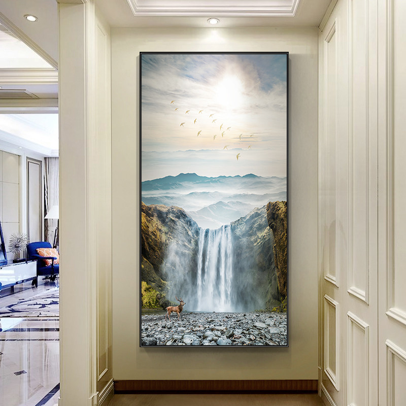 网红现代新中式瀑布风景玄关走廊过道装饰画挂画风景背景壁画寓意