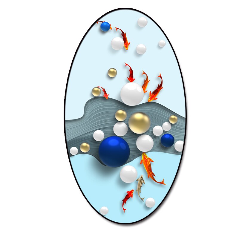 网红入户玄关锦鲤装饰画走廊现代通道门椭圆形九鱼聚福挂画连年有