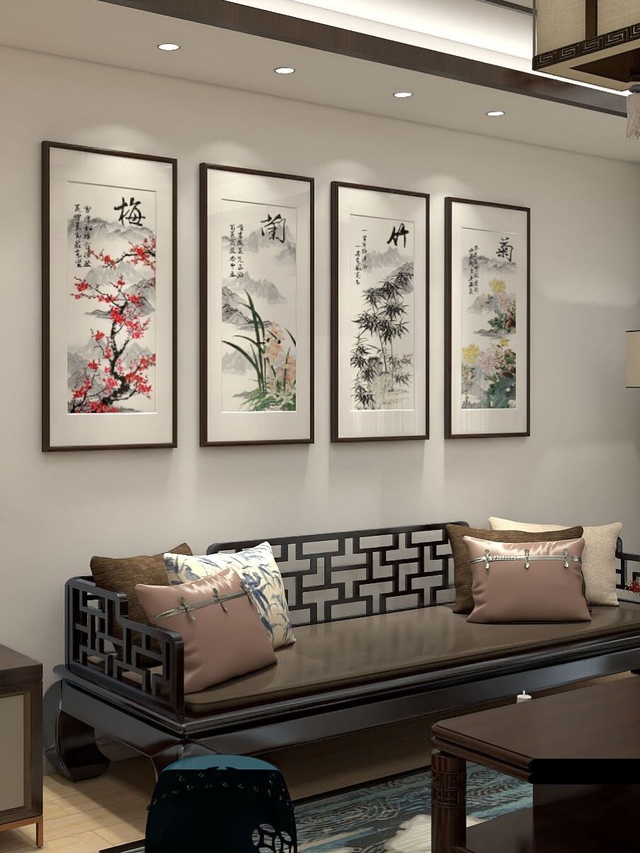 网红新中式装饰画沙发背景墙挂画四联中国风国画壁画梅兰竹菊挂画