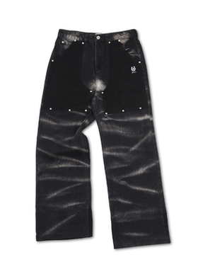 SOD Co. 水波纹牛仔裤 黑色做旧复古水洗铆钉微喇长裤西部风