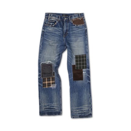 SOD Co. 补丁牛仔裤 TBR联名款 蓝色 乱针破坏做旧长裤
