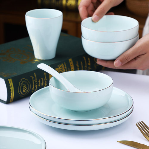 速发轻奢陶瓷碗碟盘影青色盘4子件套家用高颜值碗盘套装餐具