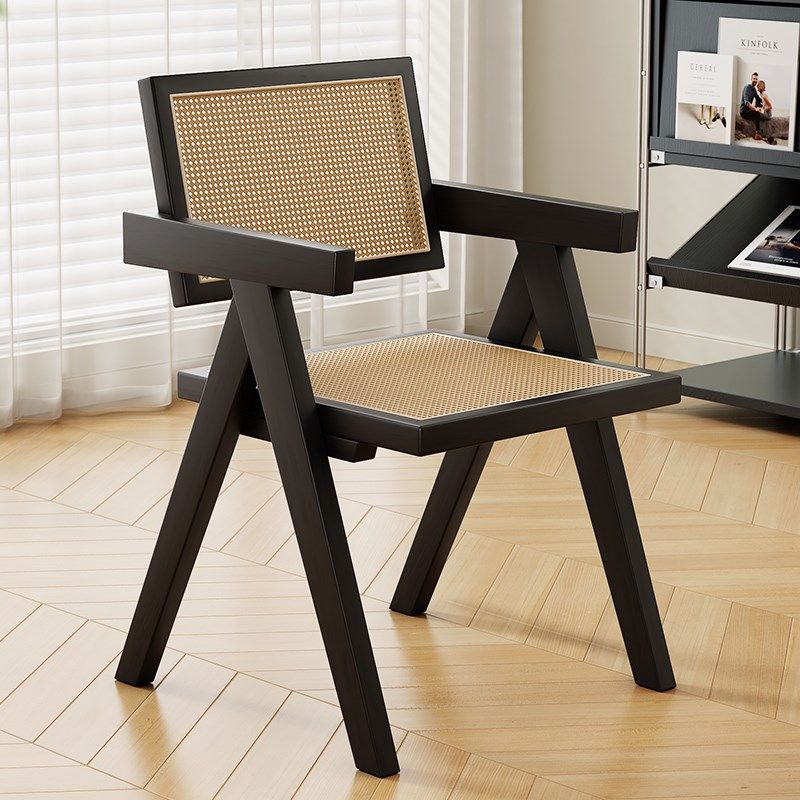 速发侘寂风胶编椅子家用实木餐椅原木风扶手橡背昌迪加尔椅靠藤木