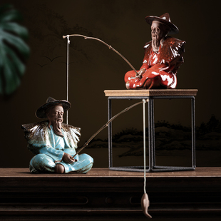 速发姜太公钓鱼茶宠摆摆精品件钓鱼翁老头假山造景 家居 件装饰工