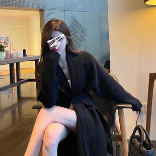 速发黑色高级季系带浴袍毛衣外套春感风欲慵懒纯针织开衫中长款大