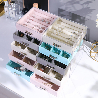 首饰盒绒布抽屉可随意搭配收纳盒亚克力桌面多功能耳环戒指项链盒