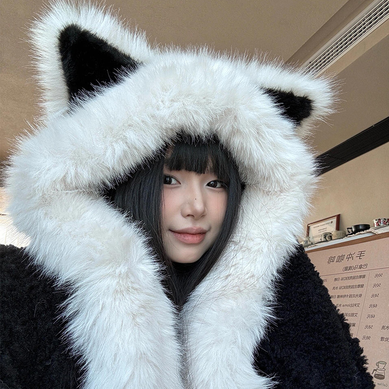 狐狸耳朵毛绒帽子围巾一体女冬季防风防寒护耳保暖雷锋帽滑雪骑车