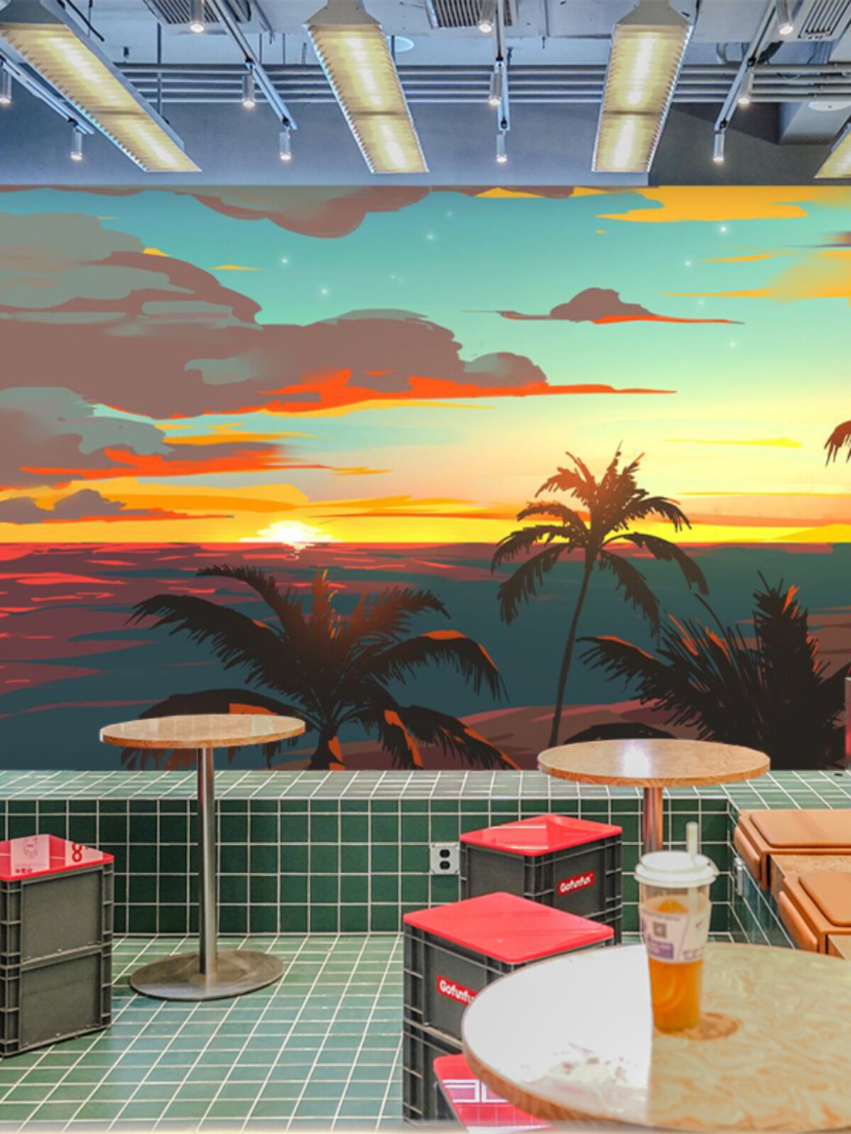 海滩日落壁纸夕阳海景画椰子树背景图微醺风景露营风酒吧装饰墙纸