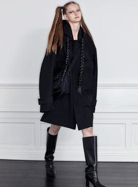 Aeaea2023秋冬Oversize黑色可拆卸连帽辫子风衣外套