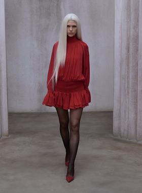 Aeaea 红色解构古典拉夫领雪纺打揽连衣裙2025秋冬