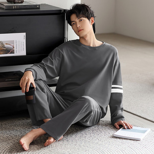 2025年新款 春秋男士 睡衣仿棉宽松休闲纯色大码 家居服套装