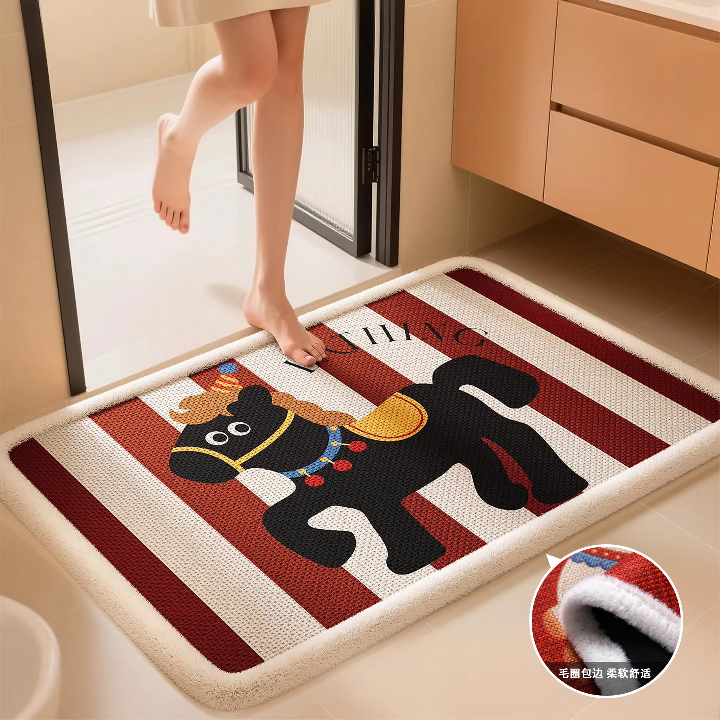 卫生间地垫红色卡通小马浴室防滑垫吸水速干擦脚垫子毛圈新年地毯