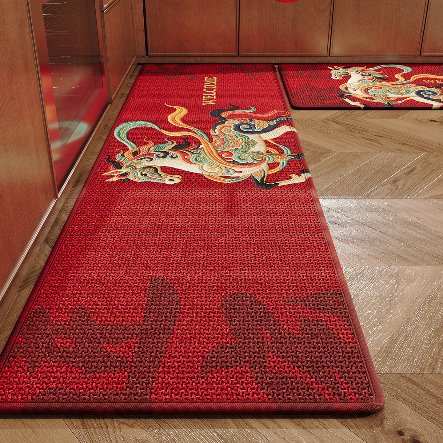 仿编织亚麻家用免洗吸水速干厨房专用地垫擦脚垫红色马年卡通地毯,居家布艺,厨房地垫,淘宝优惠券,粉丝福利购,淘宝优惠卷
